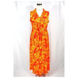 Vintage Nova Honolulu Bright Orange Tropical Maxi Dress Muumuu w Ruffles Bow M